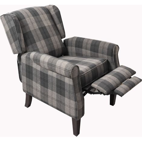 Roomee Russell Wing Back Fabric Recliner Armchair Sofa Chair in Grey Check (1/4)