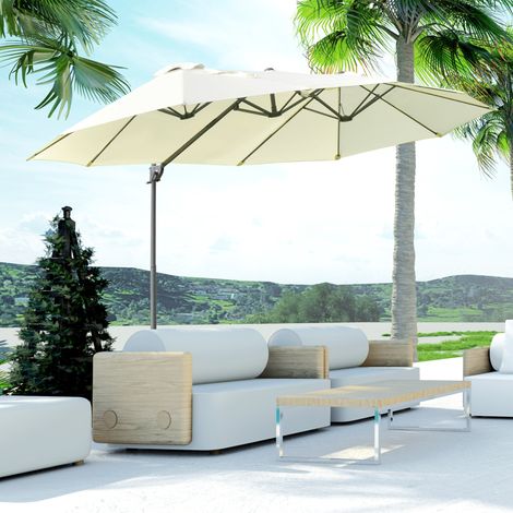 Parasol double ovale 445 x 260 cm, parasol déporté avec pied à manivelle, parasol de jardin, parasol de marché pour jardin, blanc crème