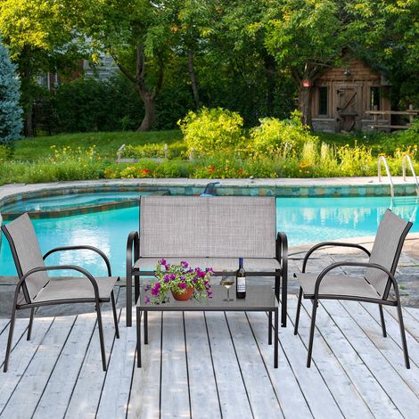 Ensemble Salon de Jardin 4 Places 2 Fauteuils 1 Canapé et 1 Table Basse en Verre Tissu en Textilene Anti-UV Gris