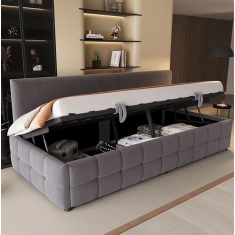 Cama dormitorio tapizada con almacenaje gris 90x200 OKMYHOME (1/5)