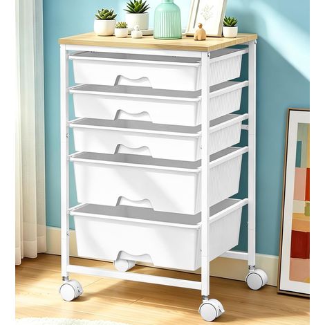 Chariot à roulettes avec 5 grands tiroirs, chariot de rangement Chariot de salle de bain à roulettes pour cuisine, salle de bain, école, studio, bureau, salon, chambre à coucher, blanc (1/5)