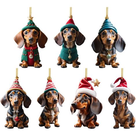 Conjunto de 7 adornos navideños de perro salchicha, colgantes acrílicos 2D que representan perros lindos, divertidos adornos para el árbol de Navidad, regalos para (1/3)