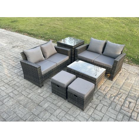 Fimous Ensemble de meubles de jardin en rotin ave Table basse rectangulaire Canapé deux places 2 Petit Tabouret Table d'appoint 6 Places Gris foncé (1/5)