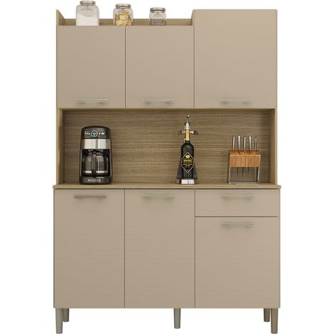 Beaux Meubles Pas Chers – Buffet de cuisine 6 portes 1 tiroir imitation chêne et taupe – Dimensions L 121.5 x H 176 x P 36.3 cm – Bois certifié FSC