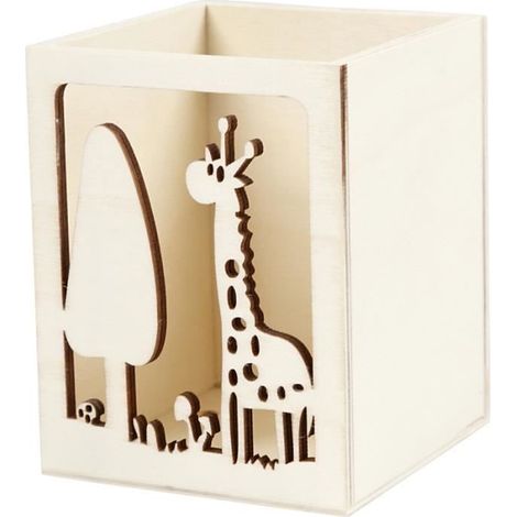 Pot à crayon en bois - Girafe - 8 x 8 x 10 cm - Décoratif - Bureau enfant - Personnalisable