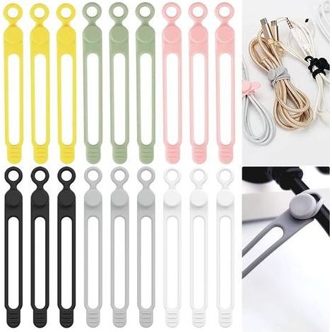 Attache Cable - Serre Cables Silicone Reutilisable - 18 Pieces - 10,6 Cm - Blanc Noir Rose Vert Jaune Gris - Pour Gestion Cables Ordinateur Chargeur Ecouteurs (1/5)