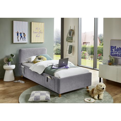 Meise Möbel Jugendbett Cosy 90x200 cm Bettgestell USB 4 Betttaschen Strukturstoff Grau Holzfuß eichefarbig (1/5)