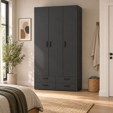 Guardaroba 3 Ante Randazzo, Armadio Camera da Letto Appendiabiti, 4 Cassetti, 4 Ripiani, 111x52 cm Nero Antracite (1/5)