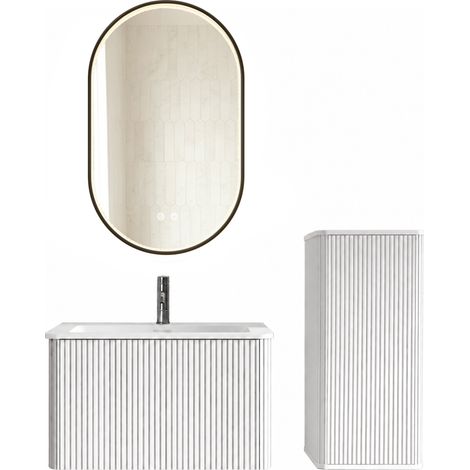 Juego de baño 80 cm con lavabo, espejo LED y mueble lateral, suspendido, blanco, MODENUIT (1/5)