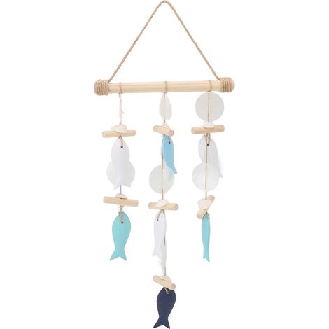 Carillon éolien poisson en bois massif et coquillage, corde de chanvre, décoration murale marine artisanale pour intérieur et terrasse Type 2 (1/4)