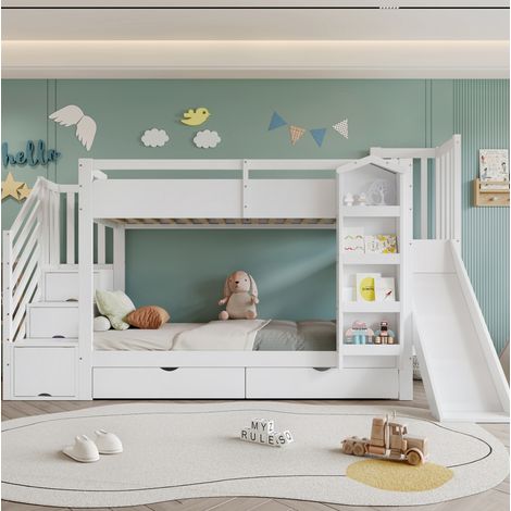 Cama litera infantil con rampa y almacenaje blanco 90x200 HAVRYA (1/5)