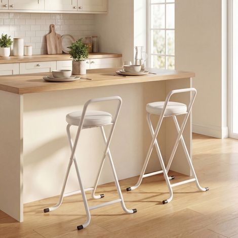 Tabourets de Bar Pliants Lot de 2. sans Assemblage. Chaises de Bar. Assise Rembourré 63H cm. Cadre en Acier. Blanc