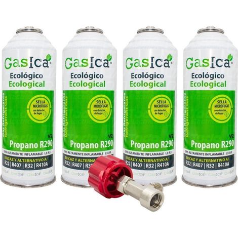 Pack 4 Botellas Gas refrigerante orgánico GASICA V2 sustituto R22/R407/R290 y R410A 226gr Llave de servicio