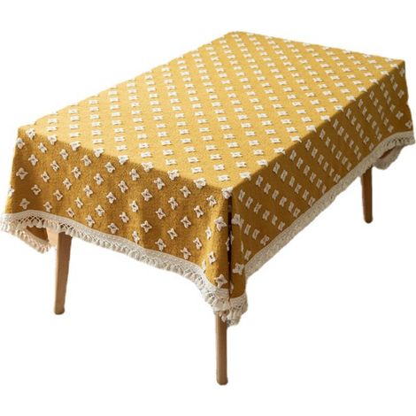 Nappe rectangulaire jaune texturée, 140×180 cm, finition pompons (1/5)