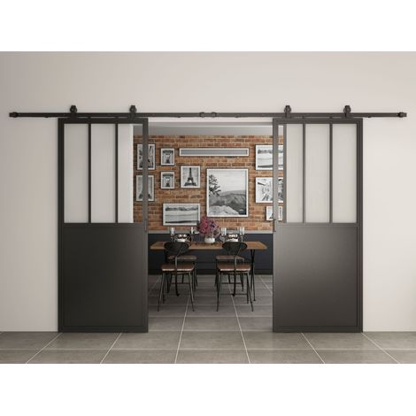 Doppeltloftschiebetür aus Stahl in schwarz mit Glaseinsatz - 1800 x 2150 mm