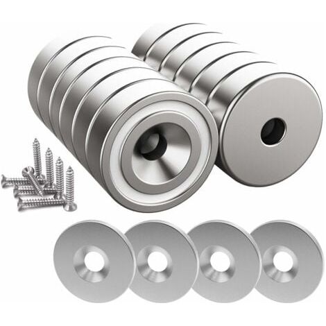12 pièces Aimants en néodyme 10 KG force 20 x 7 mm avec trou et capsule, aimant en pot fraisé avec vis et 12 coussins en acier (Argent Brillant) thsinde-- (1/4)
