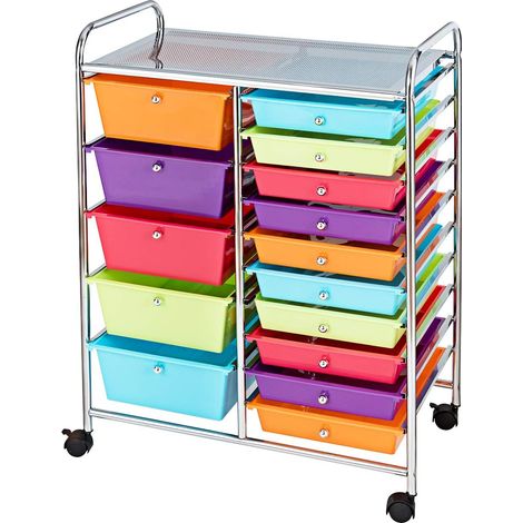 COSTWAY Rollwagen Metallgestell, Rollcontainer rollbar, Badrollwagen mit Bremsen, Aufbewahrungswagen aus Plastik, Beistellwagen inkl. 15 stapelbaren Schubladen, Haushaltswagen 62,5x37x87 cm Bunt
