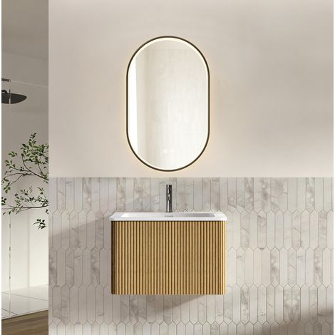 Hängender Waschtisch 60 cm mit ovalem Spiegel 50 x 80 cm, Eiche, vormontiert (1/5)
