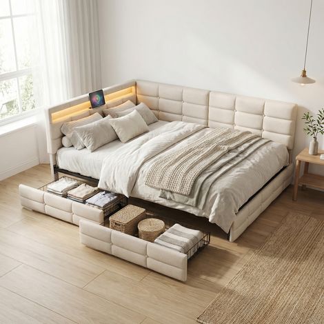 Lit 140x190 avec 2 tiroirs, lit adulte, lit double capitonné, Éclairage LED et Prises USB, tête de lit avec rangement et réversible, Tissu en lin, style scandinave, Beige