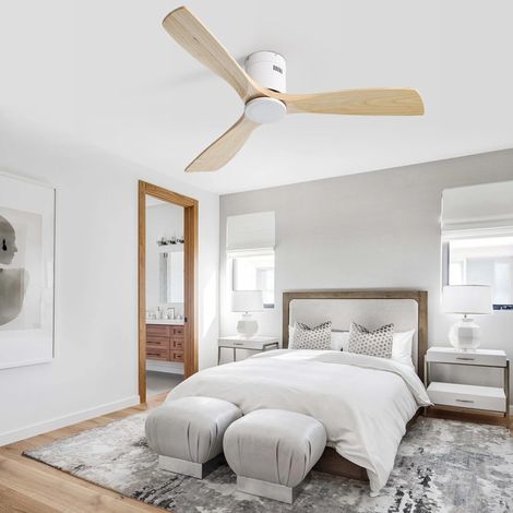 Deckenventilator 132 cm weiß aus Metall und Holz mit Fernbedienung, 6 Geschwindigkeiten und Timer (1/5)
