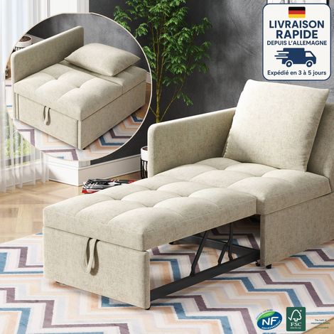 Sofá cama para una persona - Reclinación ajustable - Lino - Respaldo ajustable en cinco posiciones - Diseño convertible 3 en 1 - Beige (1/4)