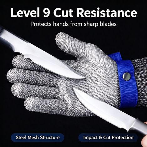 Gants anti-coupures en fil d'acier inoxydable de niveau 9, destinés à la protection lors de la découpe d'aliments en cuisine, résistants aux perforations, dotés d'une doublure blanche (1/4)