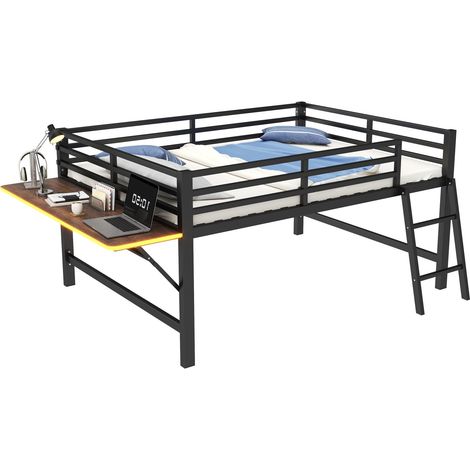 Lit mezzanine 140x200 cm en métal noir avec bureau pliable, échelle, barrières de sécurité et LED d’ambiance, idéal chambre ado - CHICFURN (1/5)