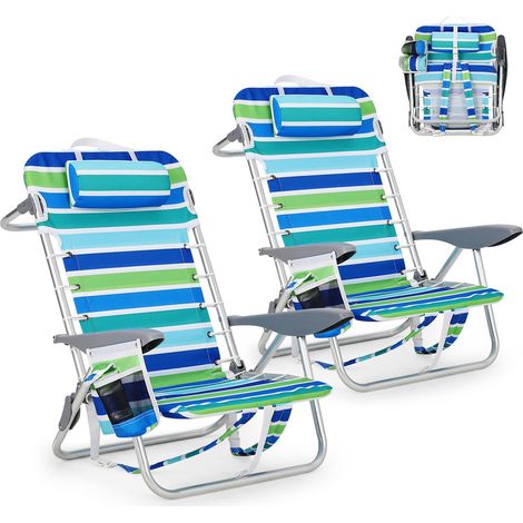 Lot de 2 chaises longues pliantes inclinables – Tissu Oxford 600D avec oreillers et porte-gobelets, pour plage, pêche et camping
