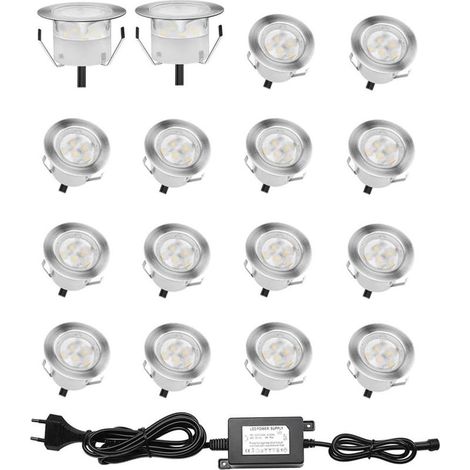Lot de 16 Spots LED Encastrable pour Terrasse Bois, Etanche IP67, Spots à Encastrer Extérieur, 0,6W DC12V, Lumière Blanc, Kit Mini Lampe pour Chemin Contremarches d'escalier Plafond [Classe énergétiqu (1/5)