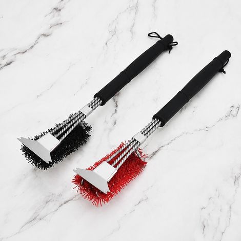 Lot de 2 brosses de barbecue avec spatule, poignées rouge et grise, poils acier inoxydable, manche PP (1/5)
