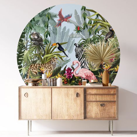 Sticker mural rond / cercle - Jungle Animaux - Diamètre 30 cm - Adhésif MAT (1/3)