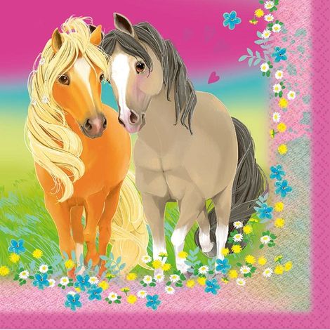 Lot de 20 serviettes en papier 33 x 33 cm, poney et fleurs, décoration de table, anniversaire d'enfant, fête à thème