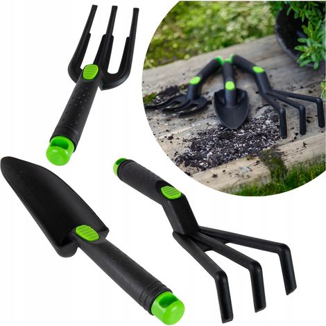 Juego de 3 herramientas de jardinería: rastrillo, garras y pala. (1/5)