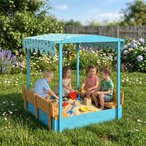 Sandkasten für Kinder von 3–6 Jahren mit Dinosaurier-Dach, Klappsitzen, Deckel und Abdeckung, aus Tannenholz, 134,5 x 127,5 x 130 cm, blau