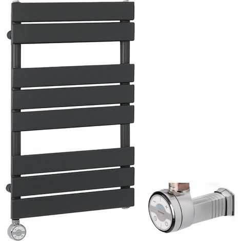 Milano Lustro Electric - Modern Anthracite Flat Panel Heated Towel Rail Radiator with Thermostatic Heating Element and Cable Cover - 825mm x 450mm (1/5)