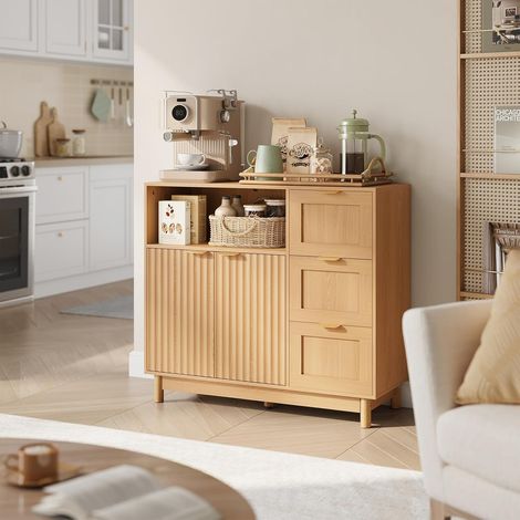 WOLTU Aparador con 3 cajones, 2 puertas y 1 compartimento abierto, estante ajustable - para cocina y sala de estar - Efecto madera
