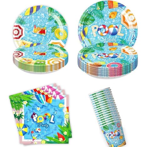 Set de vaisselle de fête pour la piscine, pour anniversaire d'enfant, assiettes en carton, gobelets, serviettes pour anniversaire d'enfant (Hellgreen) (1/5)