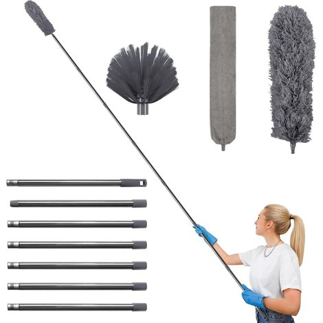 Plumeau Poussière Télescopique 3,1 m avec Kit Complet, Tête de Loup Télescopique Flexible, Brosse Fente & Anti-Toile, Manche Extensible pour Nettoyage Plafond, Ventilateur, Fenêtres (Gris)