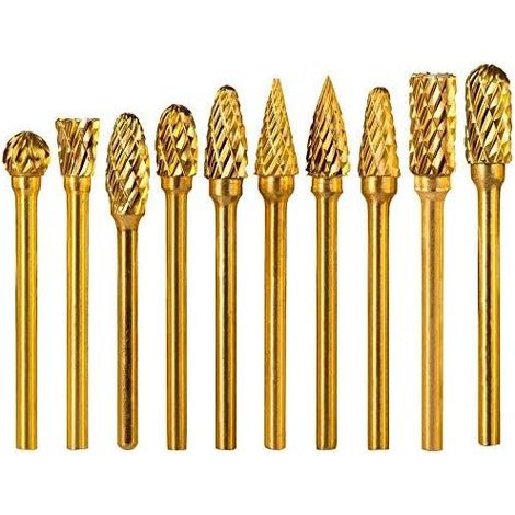 Satz mit 10 doppelschneidigen Titan-Hartmetall-Rotationsfräsern – 3 mm Schaft – 6 mm Kopf – Vollhartmetall – Für Druckluftschleifer, Metallbearbeitung und Polieren (1/5)