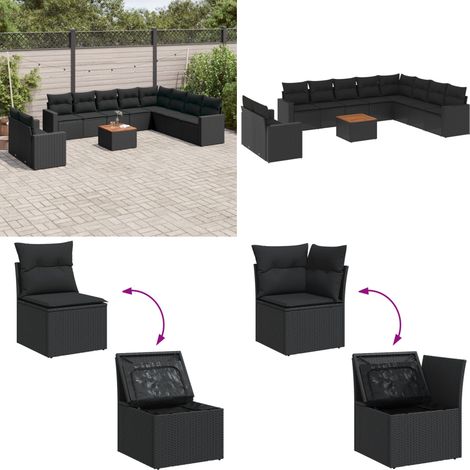 11-tlg. Garten-Sofagarnitur mit Kissen Schwarz Poly Rattan - Gartenmöbel Set - Esszimmergarnitur Outdoor - Lounge Möbel - Rattan Gartenset - Balkonmöbel - Home & Living (1/5)