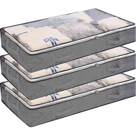 Set mit 3 Aufbewahrungstaschen für unter das Bett, 75 l, faltbar, großes Fassungsvermögen, mit Sichtfenster, verstärkten Griffen und Reißverschluss. Vliesstoff. (1/5)