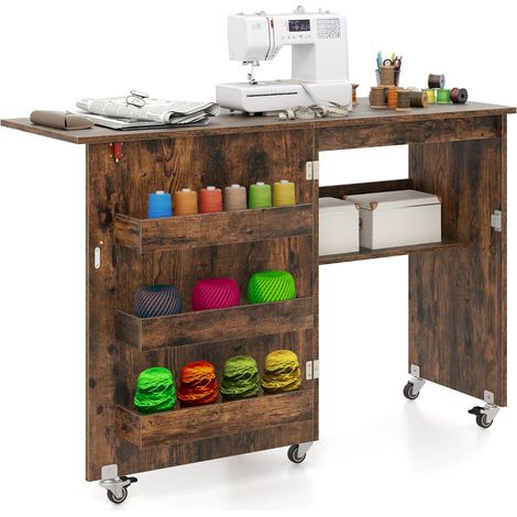 Mesa de costura plegable 118,5 x 40 x 79,5 cm con práctico estante de almacenamiento y ruedas bloqueables estilo moderno madera marrón 200013982