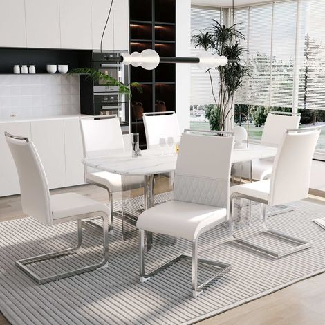 Lot de 2 chaises de salle à manger blanches en PU et lin, dossier haut rembourré, assise mousse 7 cm, pieds métal, style moderne (1/5)