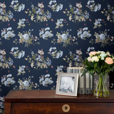 Papier peint intissé Laura Ashley Rosemore Midnight Seaspray 1005 x 52cm Bleu (1/5)