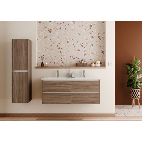 Sanitaire – Meuble sous-vasque double vasque 120cm en mélaminé bois foncé – 4 tiroirs avec fermeture amortie – Plan en céramique blanc brillant