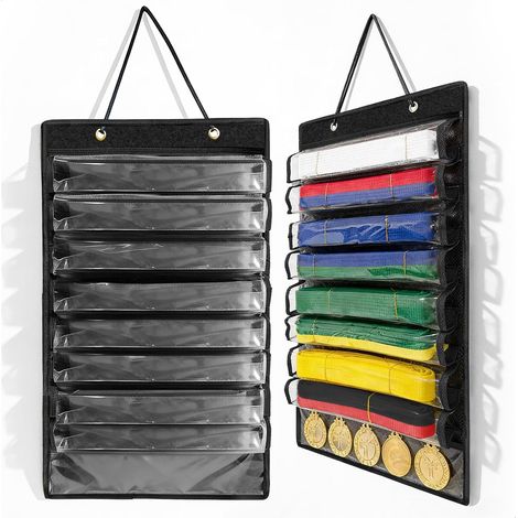 Martial Belt Storage with 8 Lattices, Hanging Medal Holder Feltre Storage, Tool Holder Belt Karate Judo Taekwondo with Medal Presentation, for 8 Belts and 5 Medals (Black) (1/5)
