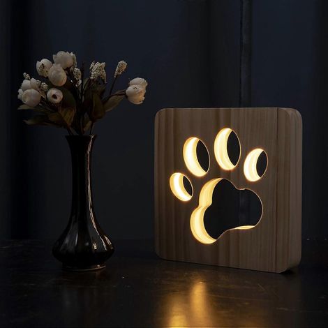 Lampe de chevet en bois en forme de patte de chien, veilleuse LED, lampe de chevet en forme de patte de chien. (1/5)