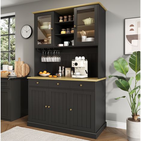 Aparador alto 120 x 40 x 191 cm con puertas de cristal, colgador para copas y enchufes HAVRYA (1/5)