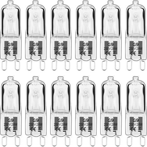 Paquete de 12 bombillas halógenas G9, 28 W, 230 V, regulables del 0 al 100 %, 320 lm, blanco cálido (2700 K), sin parpadeo, para lámparas de araña, luces de armario, luces de jardín y apliques de pare