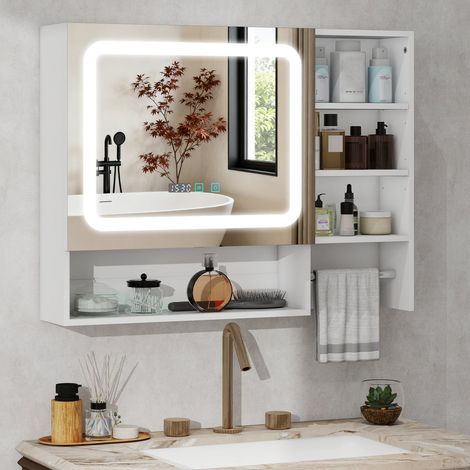 Puluomis – Meuble de salle de bain avec miroir LED – Affichage numérique heure/température – Fonction mémoire – Anti-buée – 3 étagères réglables – IP44 (1/5)